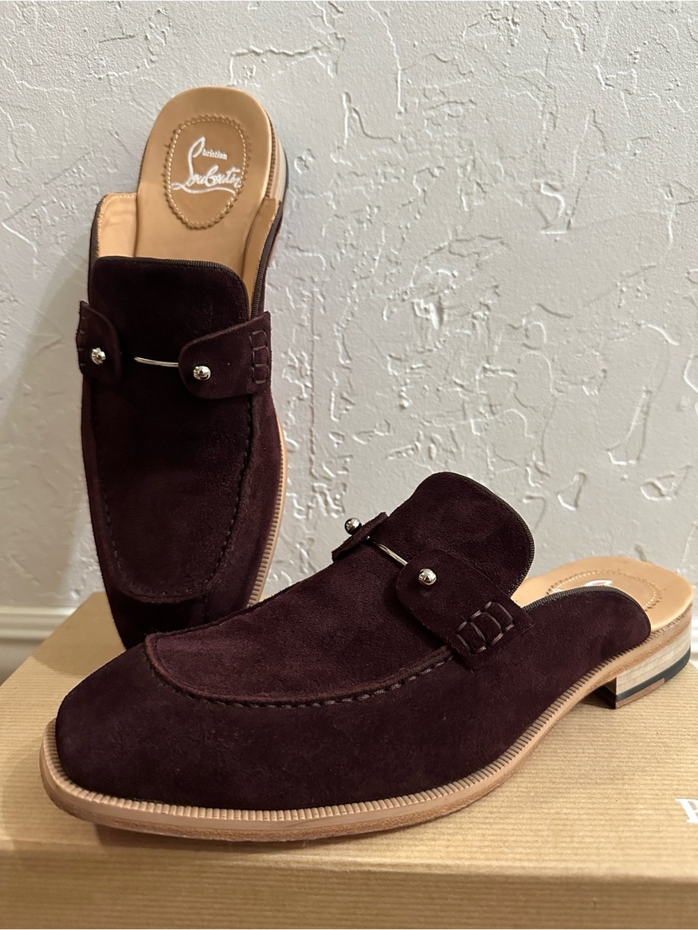 Christian Louboutin Men's Dark Brown Suede Slip-On Loafers with Silver Buckle